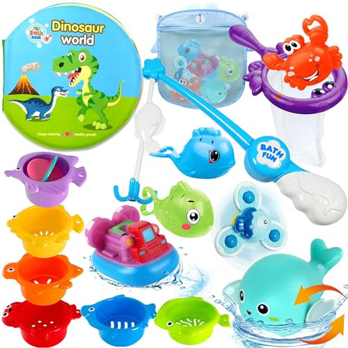 Lubibi 16 Pièce Jouets de Bain Bébé Set, Jouets de Bain pour Baignoire avec Sac à Ficelle, Jouet d'Arroseur d'eau Poisson, Jeu De Jouets De Pêche, Ouets Aquatiques pour Les Enfants de 1 2 3 4 Ans
