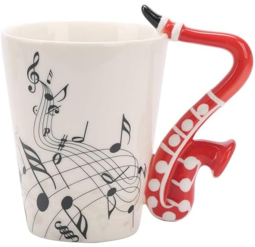 SuperglockT Lusitig Musik Motiv Kaffeetasse Saxophon Henkel Kaffeebecher Keramik Kakaobecher 240ml Porzellan Teetasse Geschenk Tasse für Musiklieber Mutter Freunden Ø7,5 H10cm (Rot)
