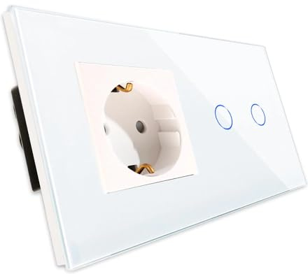 PULSAR Touch Lichtschalter/Steckdose Unterputz 2-Fach Glas Weiß | Touch Schalter mit Steckdose 230v Unterputz 2 Fach Glas Weiß, Sensor Serienschalter Lichtschalter ohne Neutralleiter