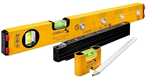STABILA ELECTRIC KIT - Elektriker Wasserwaage Type 70 Electric /43 cm mit Markierlöchern, Mini-Wasserwaage Pocket Electric /7 cm, Zollstock Type 707 P /2m (PEFC zertifiziert), Bleistift Type ZB
