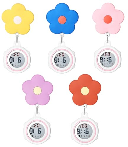 Silverora Krankenschwesteruhren Taschenuhr Schwesternuhren Multifunktional: 5 pcs Blumem Digital Schwester Uhren mit Clip Kalender Wecker Chronograph Stoppuhr Fob Uhr für Ärzte Krankenschwester
