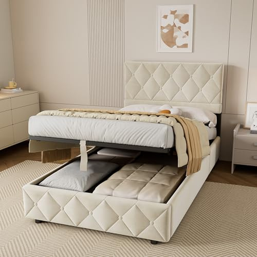 okwish Polsterbett 90x190 mit Bettkasten, Samt, Beige, ohne Matratze | verstellbares Kopfteil, Lattenrost aus Holz, Ideal als Einzelbett, Jugendbett und Stauraumbett