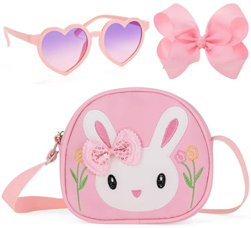 BTHRORO Handtasche Mädchen, Niedlicher Hase Umhängetasche Sonnenbrille Haarklammern Mini Handtaschen Crossbody Geldbörse für Kinder Mädchen Schultertasche Geschenke Geburtstagsgeschenke