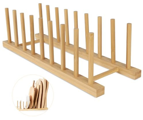SAMEBUTECO Bambus-Geschirrständer aus Holz, Tellerständer, Küchenschrank-Organizer, 8 Fächer, Geschirr, Töpfe, Deckel, Schüsseln, Tassen und Schneidebretter und Bücher, vertikales Abtropfgestell