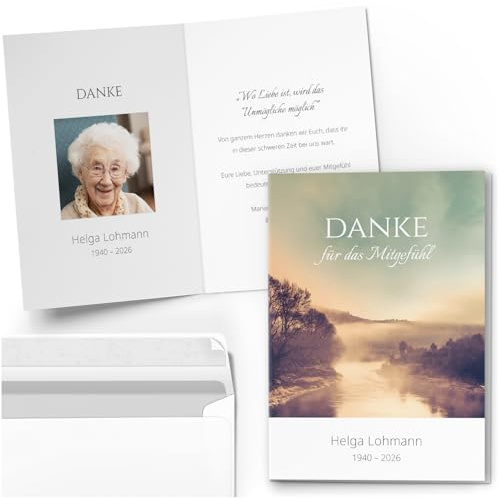 10 personalisierte Trauer Danksagungen Dankeskarten mit eigenem Text und Foto | Individuell anpassbare Danke Trauerkarten mit Briefumschlägen | Karten Design Berg See ruhig im Nebel