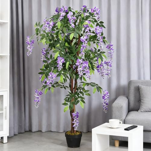 SPOTRAVEL 150CM/180CM Artificial Plant Ficus Tree, Fake Wisteria Tree Ficus Plant with Plastic Pot, Indoor Outdoor Greenery Tall Faux Floor Plant for Home Restaurant Office (1,150CM,Green+Purple)