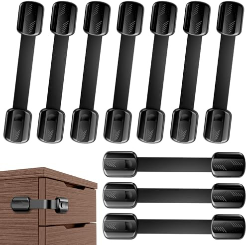 Kimsky Kit 10 Bambini Chiusure Sicurezza per Armadietto, Sicurezza Cassetti Bambini per Armadietto, Cassetto, Frigorifero, Blocca Cassetti per bambini, Nessuna perforazione con adesivo forte, Nero