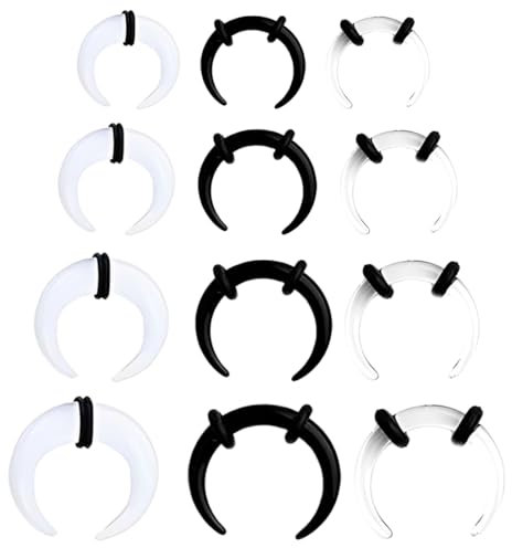ZUWIJEQ 12 Stück Acryl Septum Ring, Septum Piercing Acryl Horn Pincher Tapers C Form Nasenring Piercing Nasenseptum Messgerät Set mit Schwarz O Ring Büffel Hufeisen Nasenring zum Dehnen von Piercing