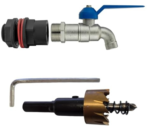 Water Butt Replacement Tap 1/2 Set with Drill bit 21mm Lever Tap Bib Outlet Barb Quick Connecotr Faucet (Garden tap)