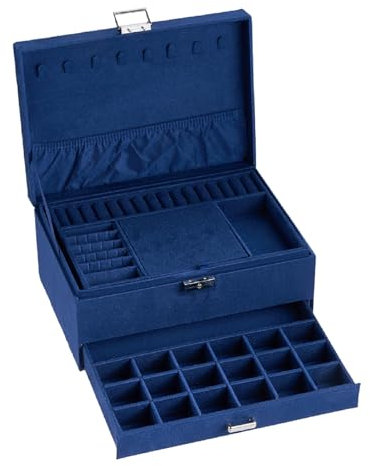 Warmiehomy 3 Layers Vintage Jewellery Box Lockable Velvet Jewelry Organiser for Earring Ring Storage Necklace Bracelets Jewellery Storage Box with Removable Dividers For Girls Women (Blue)