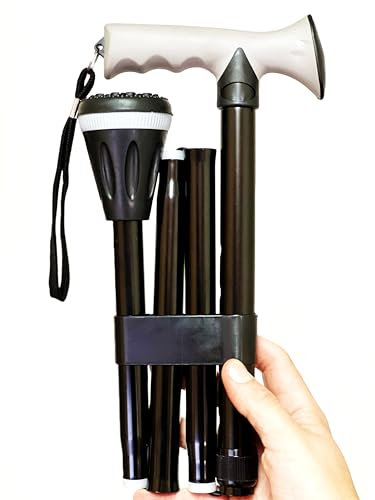 Bastón Plegable de Aluminio Negro – Empuñadura Ergonómica Soft Touch y Contera de Goma XL Antideslizante para Todo Terreno – Ligero, Ajustable 84-95cm y Portátil para el Bolso o Maleta (657S)