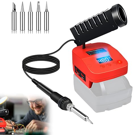 Kingbar Cordless Soldering Iron Station Tool, Digital LCD Display, With USB And Type C Charge Ports, Electric Fast Heating Up Soldering Iron For DIY, Wire Welding (No Battery), Red