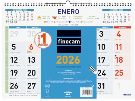 Finocam - Calendario de pared 2026 Mixto Mes Vista Enero - Diciembre (12 meses) | Calendario 2026 para anotar | Planificador mensual Color - Español