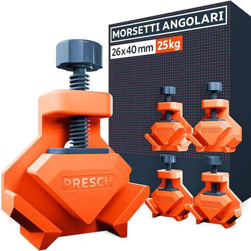 Presch Morsetti angolari per legno 4 pz - Morsetti angolari da falegname i per pannelli di spessore fino a 26 mm - Forza di serraggio di 25 kg per l'incollaggio - Per angoli precisi di 90° del legno