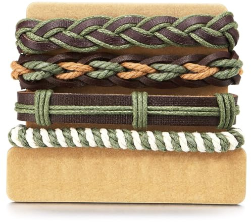 COOLSTEELANDBEYOND Set de Pulseras Trenzadas Verdes y Marrones para Hombre, Estilo Boho, Capas de Cuerda en Tonos Tierra Ajustables