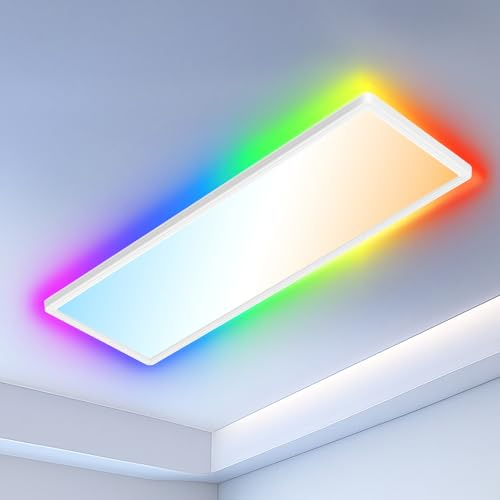 Deckenlampe Led Deckenleuchte Dimmbar Flach, mit RGB Backlight, Nachtlicht LED Panel Lampe Decke Rechteckig Badlampe Fernbedienung Timer 3000K-6500K 24W 3000LM für Wohnzimmer Kinderzimmer Schlafzimmer | Rechteckig Deckenlampe 24W 3000LM IP44 Decke Lampe Led Panel Leuchten für Wohnzimmer Badezimmer Schlafzimmer Flur Büro Küche