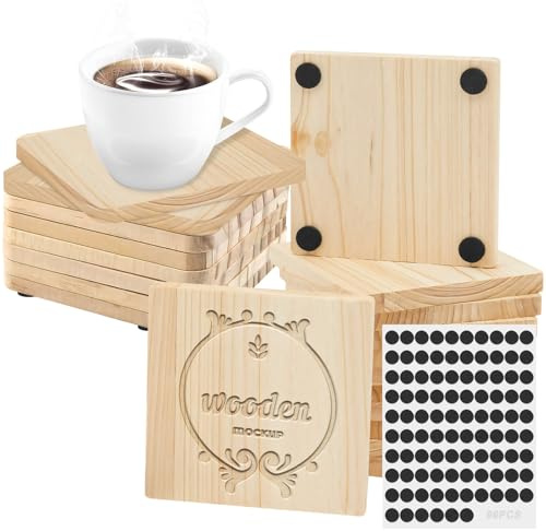 24 Stück Unvollendete Natürliche Untersetzer Holz mit 96 Rutschfesten Runden, 10cm Quadratisch Blank Holzuntersetzer, DIY Glasuntersetzer Basteln Holzplatten für Gläser, Holzbrennen, Gravur, Malerei