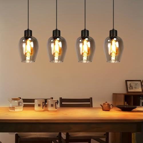 Lichtmaler Pendelleuchte 4 Flammig Hängelampe Schwarz Pendellampe E27 | Vintage Hängeleuchte Glas für Esstisch Esszimmer Kücheninsel Hotel Wohnzimmer, Ohne Leuchtmittel
