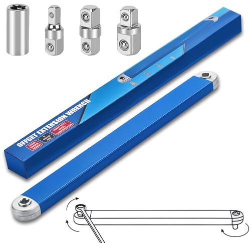 Dirciky Offset Extension Wrench,15 Inch Impact Ready Socket Wrench Extender Tool Set with 1/2, 1/4 and 3/8 Square Drive Adapters, Zero Degree Ratchet Tool for Car Blue ﻿ (Blue)