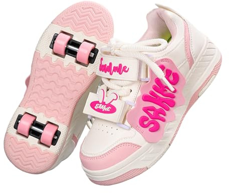 Hixingo Scarpe con Rotelle, Scarpe da Skateboard Multifunzionale 2 in 1, 30-40 EU Pattini a Rotelle con Gancio e Anello per Principianti, Bambini (Rosa,34)