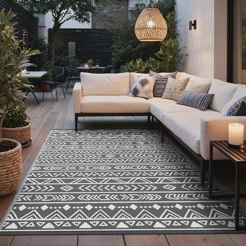 GENIMO Regnbeständig utomhusmatta, vändbar återanvändbar UV-beständig terrassmatta, utomhus plastmatta för balkong, trädgård, camping, grill, 275 x 365 cm, bohemiska ränder svart grå