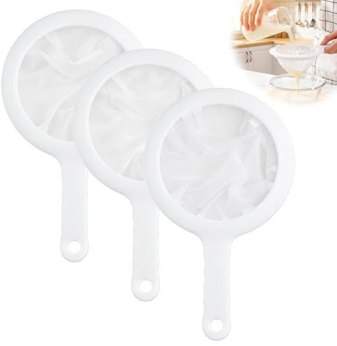 3 Stück Nylon Sieb Küche, Küchen Sieb, Plastiksieb mit Langem Griff in 3 Mesh (100/200/400) - Für Kefir, Kaffee, Säfte, Wein, Sojamilch & Backen