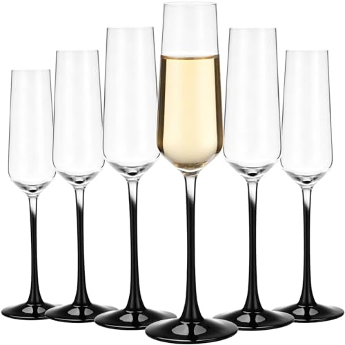 SWEWARM Crystal Champagne Flutes Set of 6, 7.04 oz/250 ml Elegant Cocktail Glass with Black Stems, Suitable for Home, Bar & Restaurant Use, Weddings, Anniversaries and Christmas Gifting