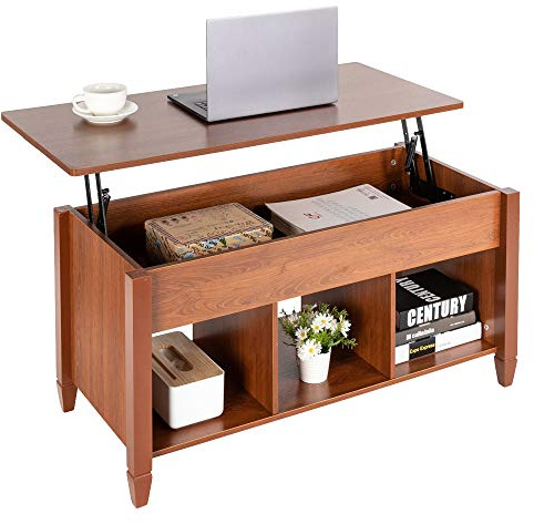 Bonnlo Couchtisch höhenverstellbarer Wohnzimmertisch, rechteckiger Sofatisch mit 3 Ablagen, Kaffeetisch mit offenem und verstecktem Stauraum, 105x 50 x 49 cm, Braun-Eiche