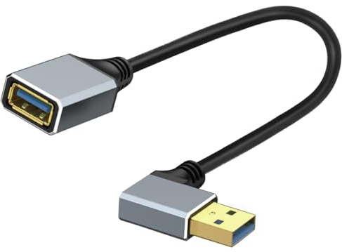 LANMINGLEL Short USB 3.0 Male to Female Cable,90 Degree USB 3.0 Extension Cable,5 Gbps Type A Extender Data Cord, Aluminum Alloy shell for Tight Spaces,TV,PC,Laptop, Gaming 0.3M (Left)