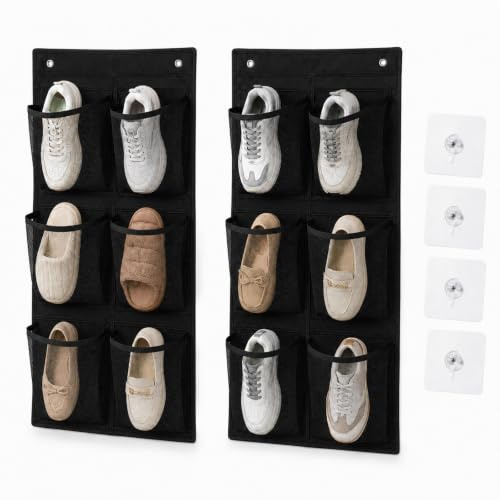 2 Stück Hängendes Camping-Schuhregal, je 6 Taschen, 2 Klebehaken, Schwarz | Platzsparender Schuh-Organizer ohne Bohren für Tür, Wohnmobil, Camper, Kleiderschrank und Badezimmer