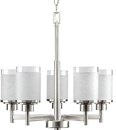 Progress Lighting Alexa Collection Five-Light Modern Chandelier, Hanging Ceiling Light Fixture for Dining Rooms, Foyers, Etched Linen with Clear Edge Glass, Brushed Nickel
