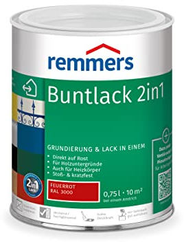 Remmers Buntlack 2in1 feuerrot (RAL 3000), 0,75 Liter, Buntlack für Holz, Eisen, Stahl, inkl. Grundierung und Rostschutz, innen und außen
