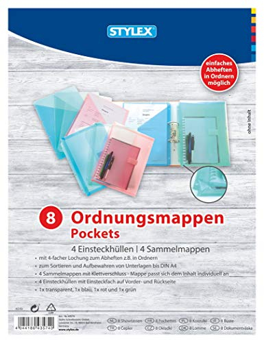 Stylex 43574 - 8 teiliges Ordnungsmappen-Set in 4 Farben mit 4 Einsteckhüllen und 4 Sammelmappen, für Dokumente bis DIN A4