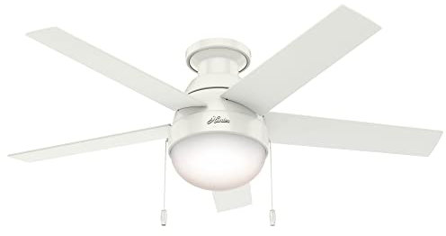 Hunter 46 inch Indoor Ceiling Fan with LED Light - White Ceiling Fan with Pull Chain, For Bedroom, Living Room, or Kitchen, Low Profile Mount, No Remote, 5 Blades - Anslee 59269, Fresh White