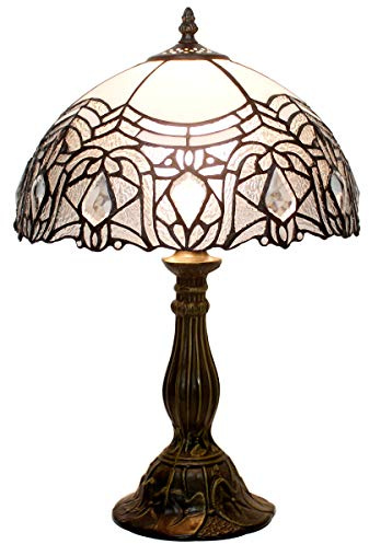 WERFACTORY Tiffany Lamp White Bent Stained Glass Bedside Table Lamp Reading Light 12X12X18 Inches Decor Bedroom Living Room Home Office S508W Series