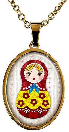 Collier matriochka folklorique fleurs poupée russe jaune rouge