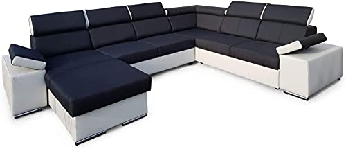 All4All Ecksofa mit Schlaffunktion Ariva Pano 334 cm x 264 cm - Wonlandschaft in U-Form - XXL Sofa - Schlafsofa Groß - Schwarz/Weiß - Gewebe mit Kunstleder - Seite Links - Modern 19