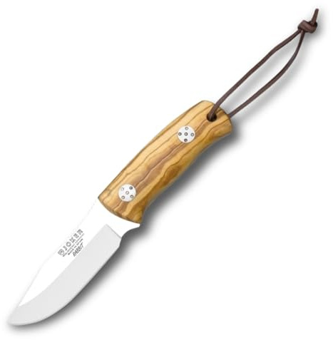 Joker Bushcraft Messer Rabbit CO76, MOVA 8,5 cm Klinge aus Edelstahl, mit Olivenholzgriff, Lederscheide, Angel-, Jagd-, Camping- und Wanderwerkzeug.