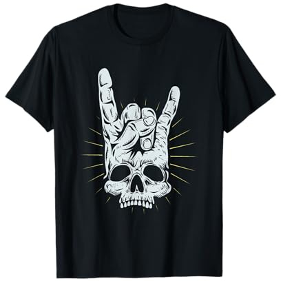 Heavy Metal Rock Pommesgabel Teufelshorn Totenkopf T-Shirt
