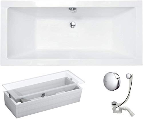 VBChome Badewanne 180x80 cm Acryl 3-in-1 KOMPLETT SET Wannenträger Siphon Wanne Rechteck Weiß Design Modern Styroporträger Ablaufgarnitur in Chrom für 2 Personen (180x80cm)