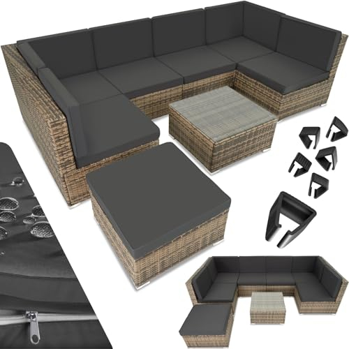 tectake XXL Polyrattan Lounge, Gartenmöbel Set, Sitzgruppe, Balkon Möbel mit 6 Sitze 1 Tisch 1 Hocker, inkl. Sitzkissen, Gartenlounge Outdoor, wetterfest, für Garten, Balkon, Terrasse - Natur
