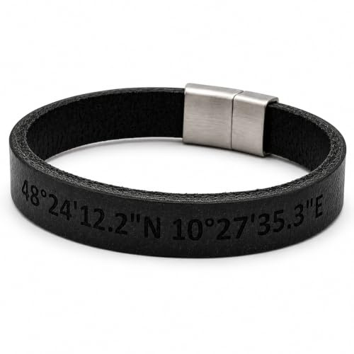 123Reis Lederarmband Herren mit Gravur, schwarzes personalisiertes Armband aus Echtleder, Wunschgravur innen & außen, Edelstahl Magnetverschluss, Geschenk für Männer, Freund, Papa, Partner