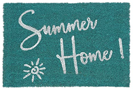Relaxdays Fußmatte Kokos, 60 x 40 cm, Summer Home Schriftzug, rutschfeste Türmatte, Fußabtreter innen & außen, blau/weiß