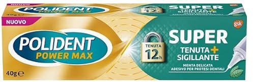 Polident Power Max Super Tenuta+Sigillante, Adesivo per protesi Dentale, 12 ore di forte tenuta, Gusto Menta Delicata, 40g