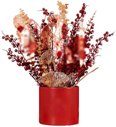 Habiba Fiori Artificiali Fiori Artificiali con Secchio della benedizione Luce di Lusso Agrifoglio Frutta Rossa Fiori di plastica Centrotavola Decorazioni per la casa Fiori Finti Regalo