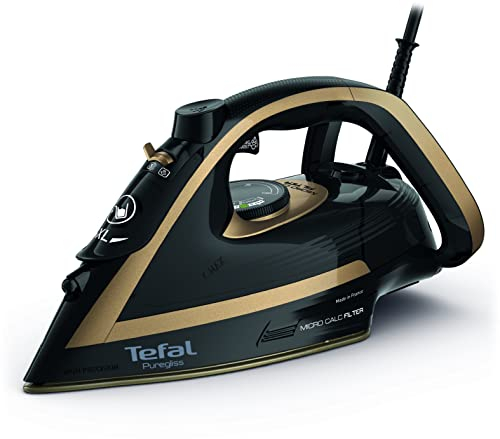 Tefal Puregliss Steam Iron, 280 g/min Steam Boost, 50 g/min Continuous Steam, 270 ml Water Tank, 3000W Power, Non-Stick Durilium Soleplate, Auto Shut Off, Anti-drip, Black&Gold, FV8064G0