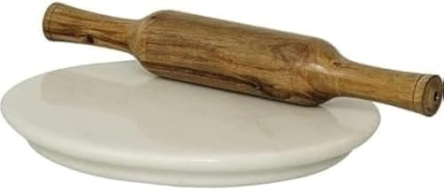 IBLAY Runde Schneide-, Servier- und Käsetablett aus Naturstein, Marmor-Chakla und Holzbelan für Haus und Küche (22,9 cm)