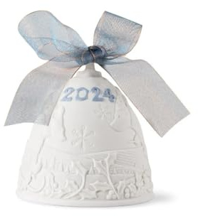 LLADRÓ Christmas Bell Year 2024 Blue. Decorative Ornament in Matte Porcelain with Blue Details. Porcelain Christmas Bell #18478