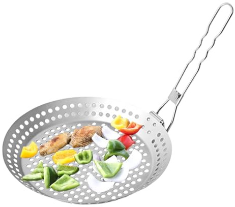 1 Stück Grillpfanne mit Loch, Grillwok, Gemüse-Wok BBQ, BBQ Pfanne, BBQ Grill Pan,Wokpfanne aus hochwertigem Edelstahl, spülmaschinengeeignet,für Herdplatte,mit mit klappbarem Griff-Ø 30 cm (Stil 1)