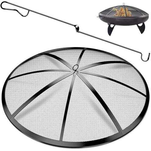 POEPRH Feuerstelle Funkenschutz, 61 cm, Feuerstelle, mit Griff und Schürhaken, robuste Netz-Feuerstellenabdeckung, 12 verstärkte Stangen für Hinterhof, Strand, Wohnmobil, Camping